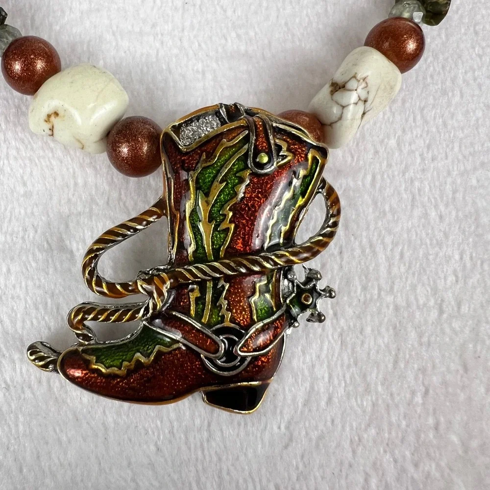 Western Cowboy Boot Enamel Pendant Beaded Necklace Texas Southwestern Style 23in
